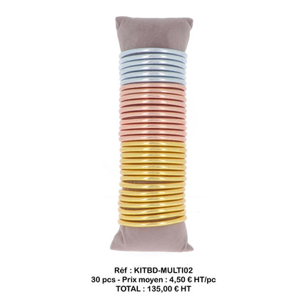 Set of 30 thick multicolored Buddhist bangles with mantra. Cushion included. Average price: €4.50 excl. VAT