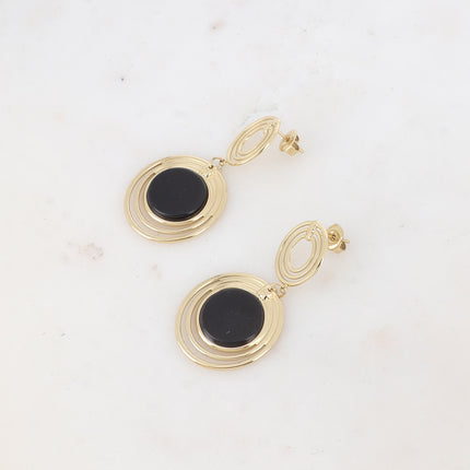Boucles pendantes - double médaillon à 3 anneaux et pierre naturelle