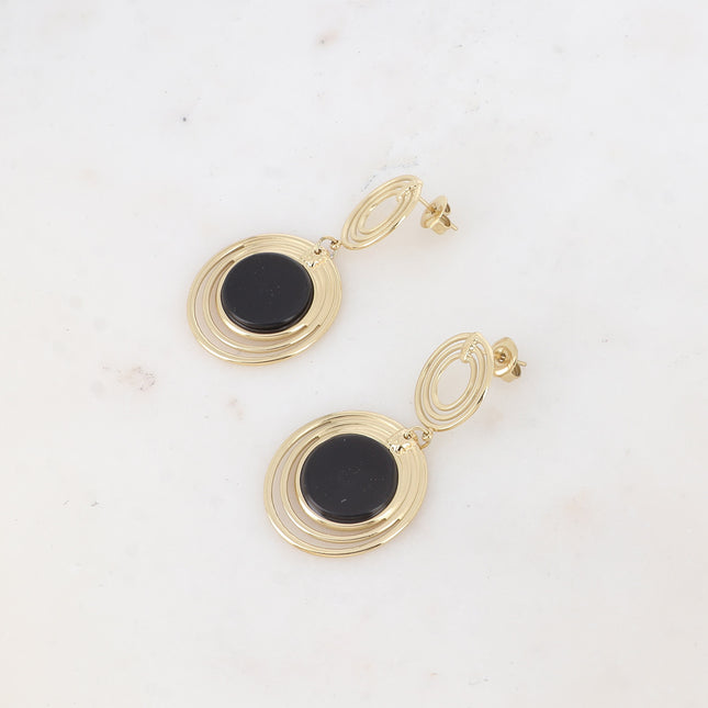 Boucles pendantes - double médaillon à 3 anneaux et pierre naturelle