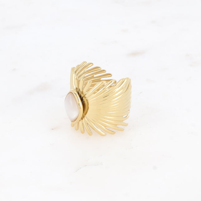Bague large Edelyne - feuillage et pierre naturelle losange