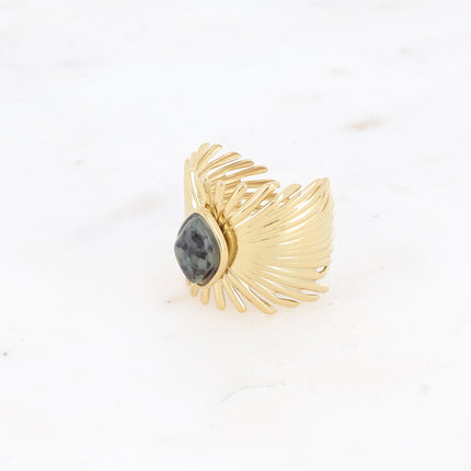 Bague large Edelyne - feuillage et pierre naturelle losange