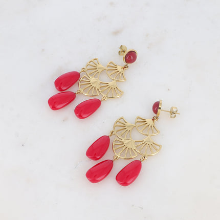 Nour drop earrings - round cabochon, fan-shaped insert and 3 acetate drops