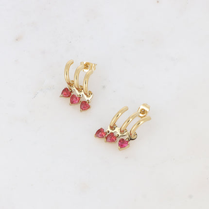 Boucles puces - 3 anneaux et 3 cristaux coeur