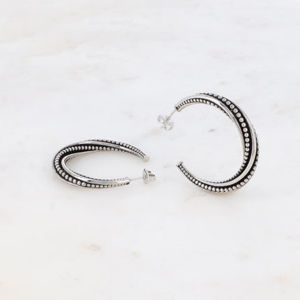 Créoles - tourbillon ronds et lignes sur émail noir 4 cm