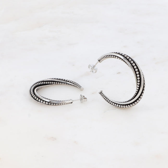 Créoles - tourbillon ronds et lignes sur émail noir 4 cm