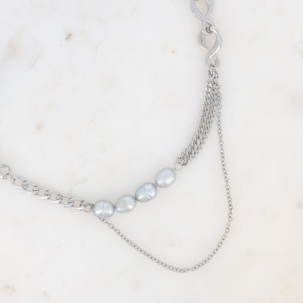 Collier Gladys - UNISEX - mailles gourmettes et forçat, anneaux 8 et perles d'eau douce