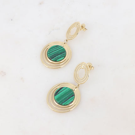 Boucles pendantes - double médaillon à 3 anneaux et pierre naturelle