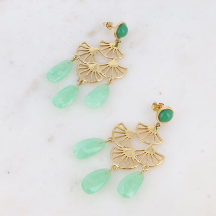 Nour drop earrings - round cabochon, fan-shaped insert and 3 acetate drops