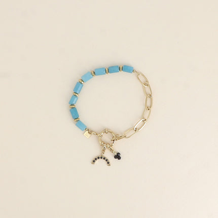 Bracelet - maille ovale, fermoir bouée & pierres naturelles et 2 charms Bohm