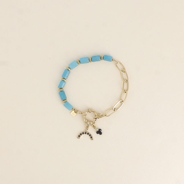 Bracelet - maille ovale, fermoir bouée & pierres naturelles et 2 charms Bohm