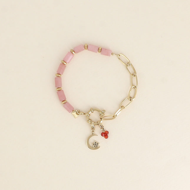 Bracelet - maille ovale, fermoir bouée & pierres naturelles et 2 charms Bohm