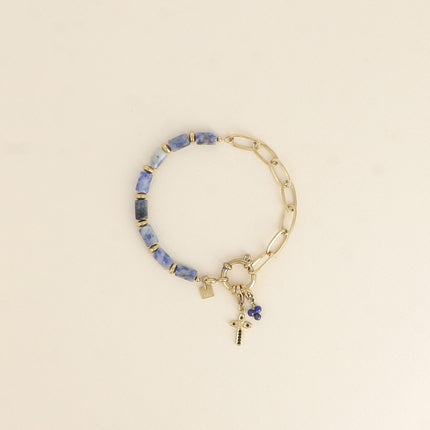 Bracelet - maille ovale, fermoir bouée & pierres naturelles et 2 charms Bohm