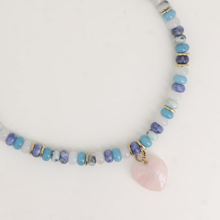 Collier sur fil - pierres naturelles et rondelles, pendentif coeur