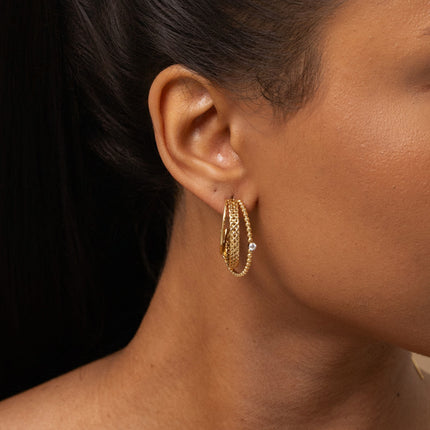 Hoop earrings - 3 rings, bubbles with crystal, braided mesh and smooth finish
