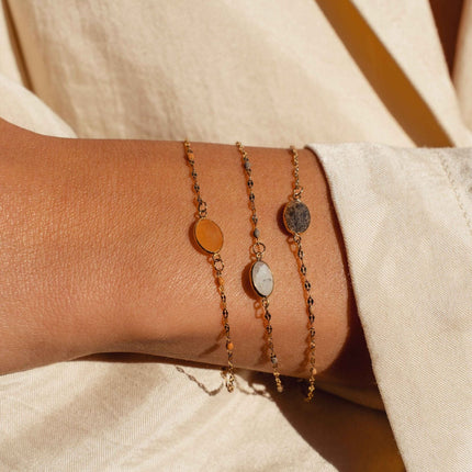 Noelynn Bracelet - enameled chain, coffee bean link, oval natural stone