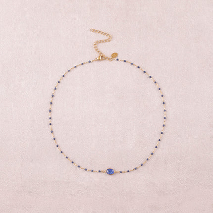 Collier Noelynn - chaîne émaillée, maille café de grain, pierre naturelle ovale