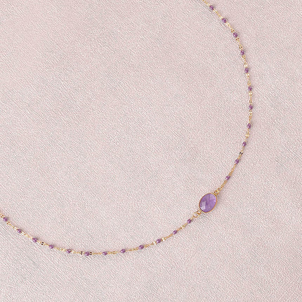 Collier Noelynn - chaîne émaillée, maille café de grain, pierre naturelle ovale