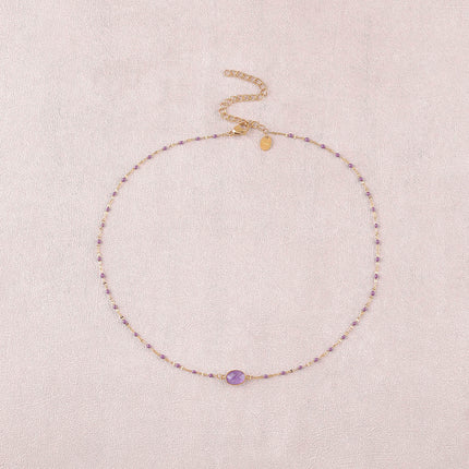 Collier Noelynn - chaîne émaillée, maille café de grain, pierre naturelle ovale