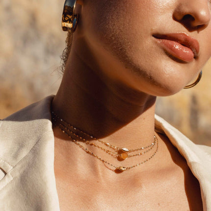 Noelynn Necklace - enameled chain, coffee bean link, oval natural stone