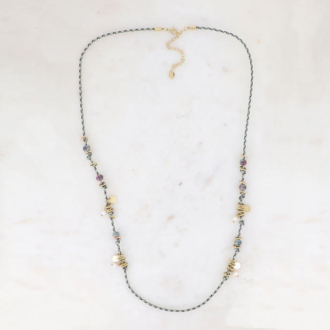 Collier - sur cordon avec anneaux en acier inoxydable, perles en céramique émaillée et perles d'eau douce