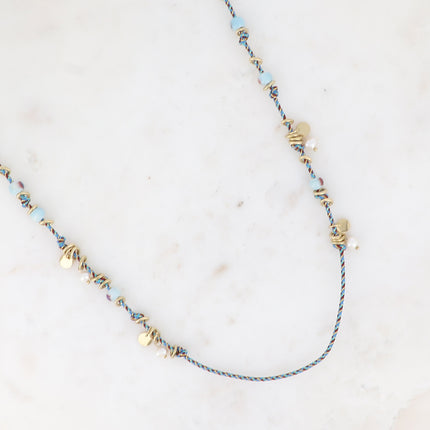 Collier - sur cordon avec anneaux en acier inoxydable, perles en céramique émaillée et perles d'eau douce