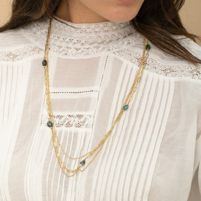 Collier 3 rangs Lorraine - maille serpent, anneaux ovales et pierres naturelles
