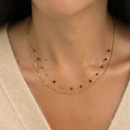 Collier 2 rangs - pierres naturelles et maille forçat alternée pincée