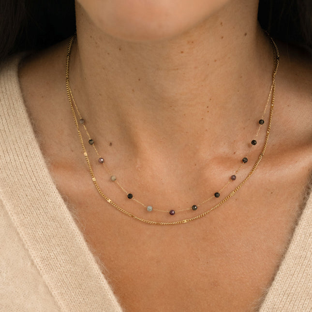Collier 2 rangs - pierres naturelles et maille forçat alternée pincée