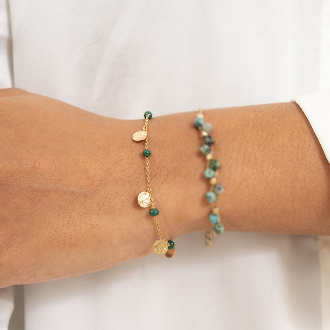 Bracelet - enamel beads and hammered round tassels