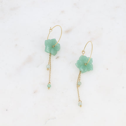 Joannie Creole earrings - natural stone flower and dangling chains with natural stone