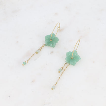 Joannie Creole earrings - natural stone flower and dangling chains with natural stone