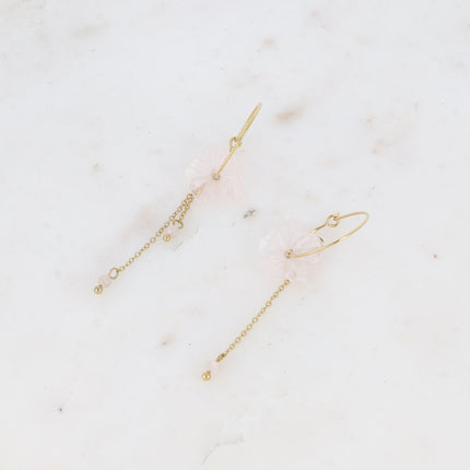 Joannie Creole earrings - natural stone flower and dangling chains with natural stone