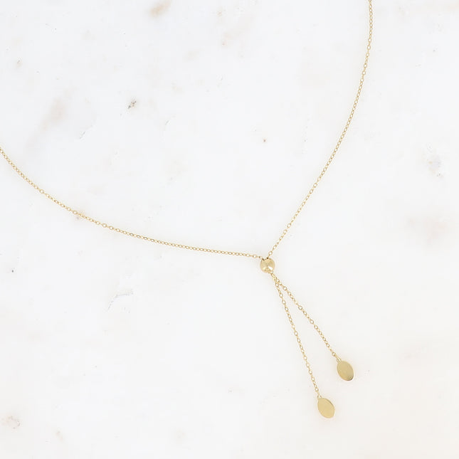Colette Y-shaped tie-style necklace - sliding ball, flat oval tassels