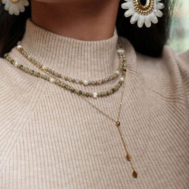 Colette Y-shaped tie-style necklace - sliding ball, flat oval tassels