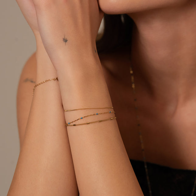 3-row Mériane bracelet - ring with enameled coffee bean link, curb chain and tubes and mirror