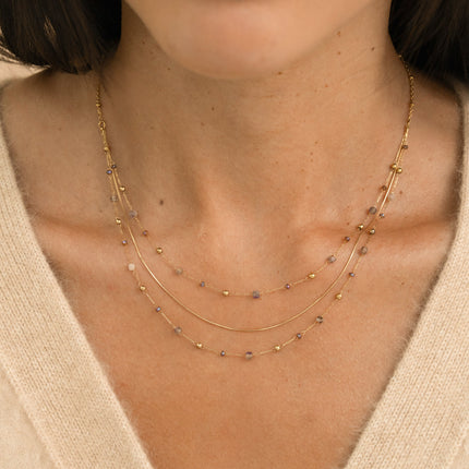 Collier - 3 rangs, maille serpent fine, pierres naturelles et oxydes de zirconium