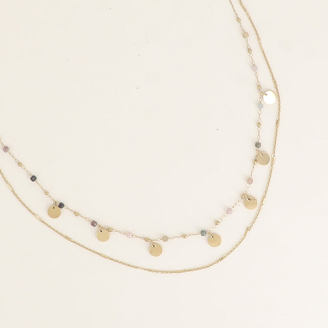 Collier 2 rangs - pastilles rondes, pierres naturelles cubiques