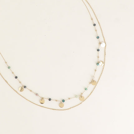 Collier 2 rangs - pastilles rondes, pierres naturelles cubiques