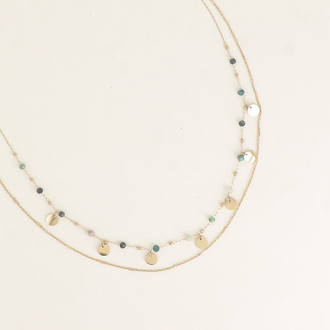 Collier 2 rangs - pastilles rondes, pierres naturelles cubiques