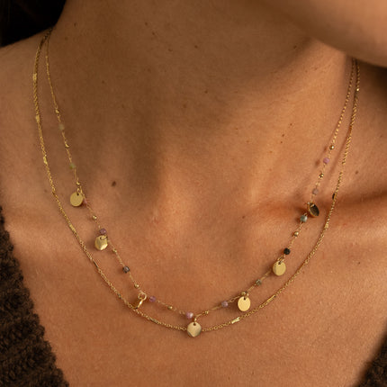 Collier 2 rangs - pastilles rondes, pierres naturelles cubiques