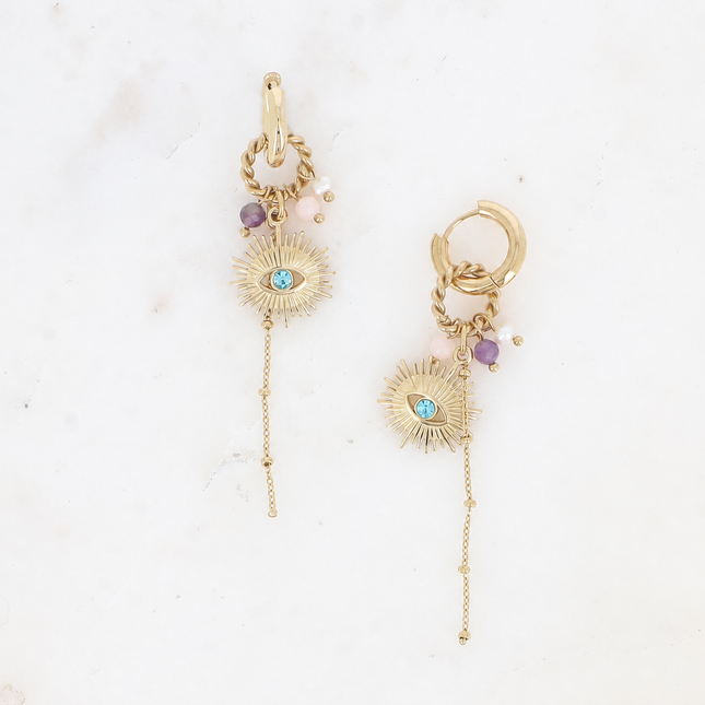 Créoles Alexine - pierres naturelles, pendentif oeil avec cristal taillé