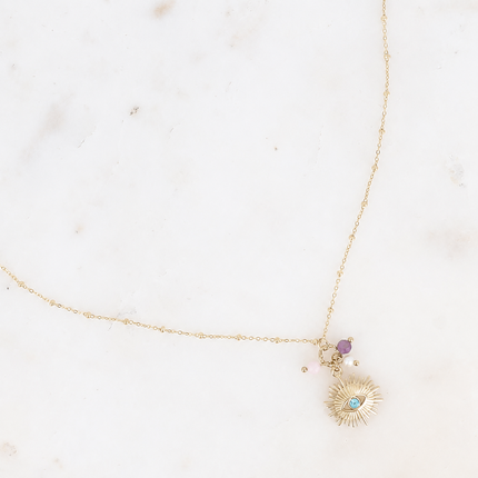 Collier Alexine - pierres naturelles, pendentif oeil avec cristal taillé