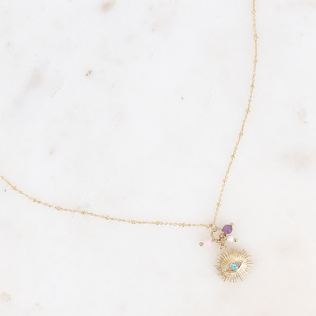 Collier Alexine - pierres naturelles, pendentif oeil avec cristal taillé