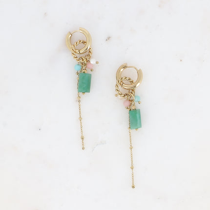 Creole earrings - twisted ring, natural stones, dangling ball chains