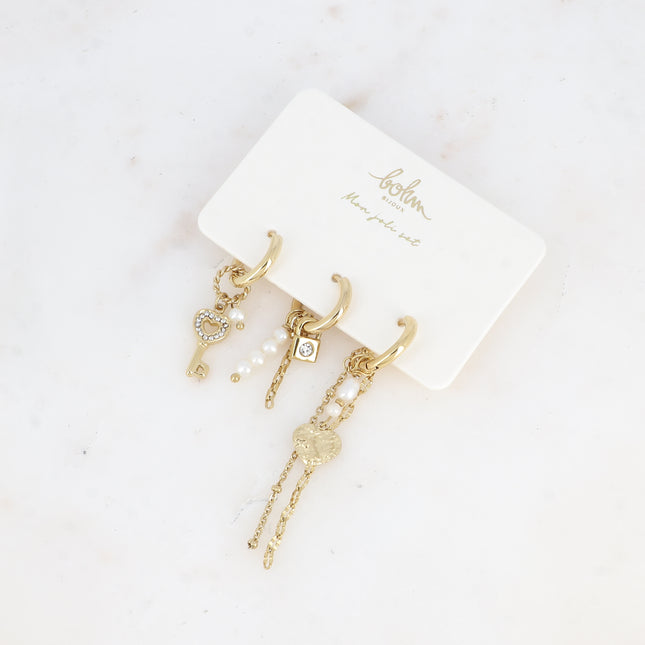 Set de 3 créoles Shahinez - clef coeur, cadenas et coeur texturé