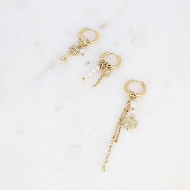 Set de 3 créoles Shahinez - clef coeur, cadenas et coeur texturé