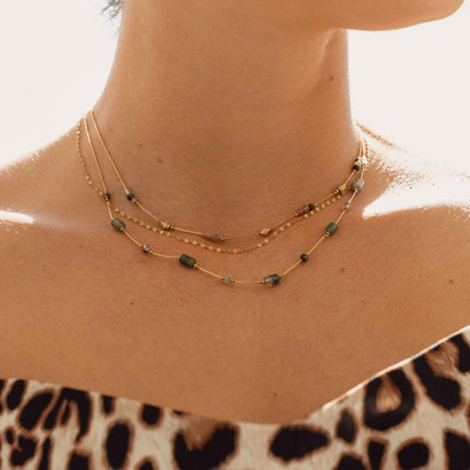 Jamila Necklace - 3 strands, coffee and snake chain with cylindrical natural stones