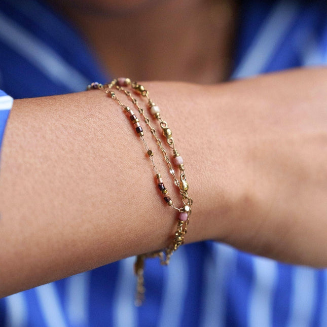 Bracelet Donna - 3 rangs, maille grain de café plat, perles rocailles et pierres naturelles