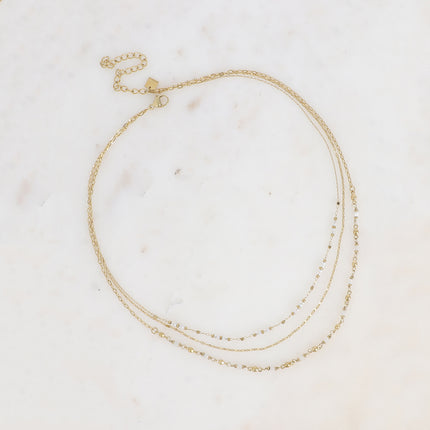 Collier Donna - 3 rangs, maille grain de café plat, perles rocailles et pierres naturelles