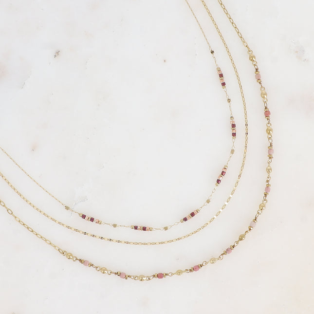 Donna Necklace - 3 strands, flat coffee bean link, seed beads and natural stones